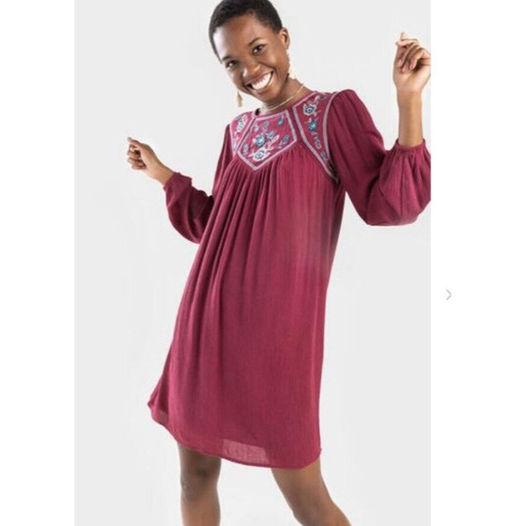 Blue Rain Long Sleeve Mini Dress oFloral Embroidered Burgundy Bohemian oversized - Picture 1 of 12